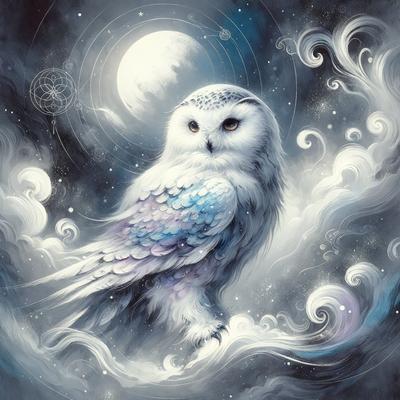 The primary subject of the image is a white owl with blue wings, standing on a cloudy surface. The setting is a night sky, with a moon visible in the background. The visual style is a digital art or illustration, creating a surreal and dreamy atmosphere. The dominant colors are white and blue, with the owl's wings being a striking contrast against the darker background.